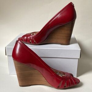 Calvin Klein FLARE KID Red Leather Wedge Shoes Peep Toe Size 6.5